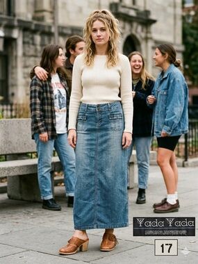 Yada Yada 90s Denim Skirt Juniors 17 Maxi Back Slit Actual W38 L36 Sweep 50